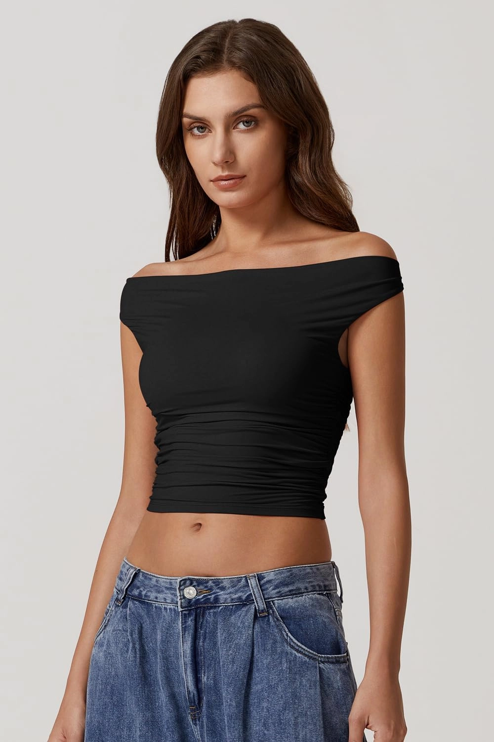 QINSEN Women's Cowl Neck Top Sleeveless Ruched Double Lined Crop Top Y2k T Shirts