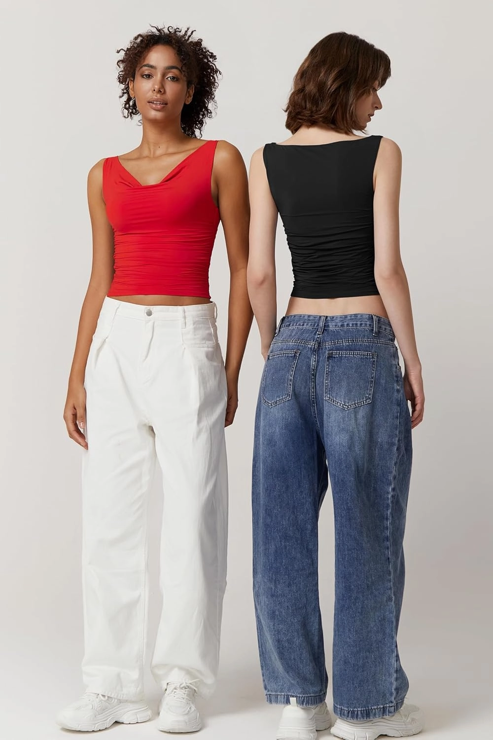 QINSEN Women's Cowl Neck Top Sleeveless Ruched Double Lined Crop Top Y2k T Shirts