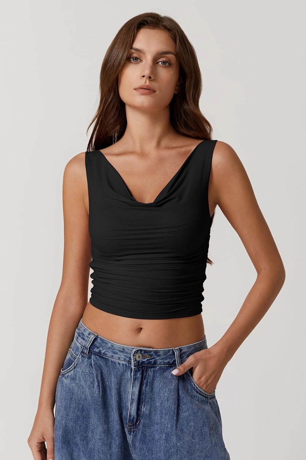 QINSEN Women's Cowl Neck Top Sleeveless Ruched Double Lined Crop Top Y2k T Shirts
