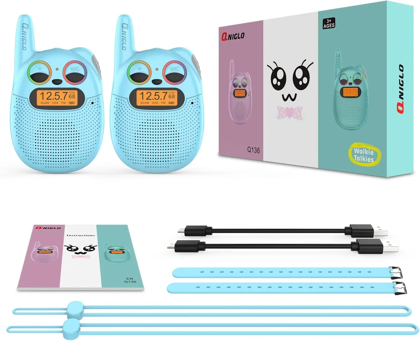 Qniglo Walkie Talkies for Kids Rechargeable 2 Pack,Christmas Birthday Gifts Toys for Age 3-12 Boys Girls, Long Range Kids Walkie-Talkie with FM Radio for Family Kids Adventure Camping Hiking Spy Games