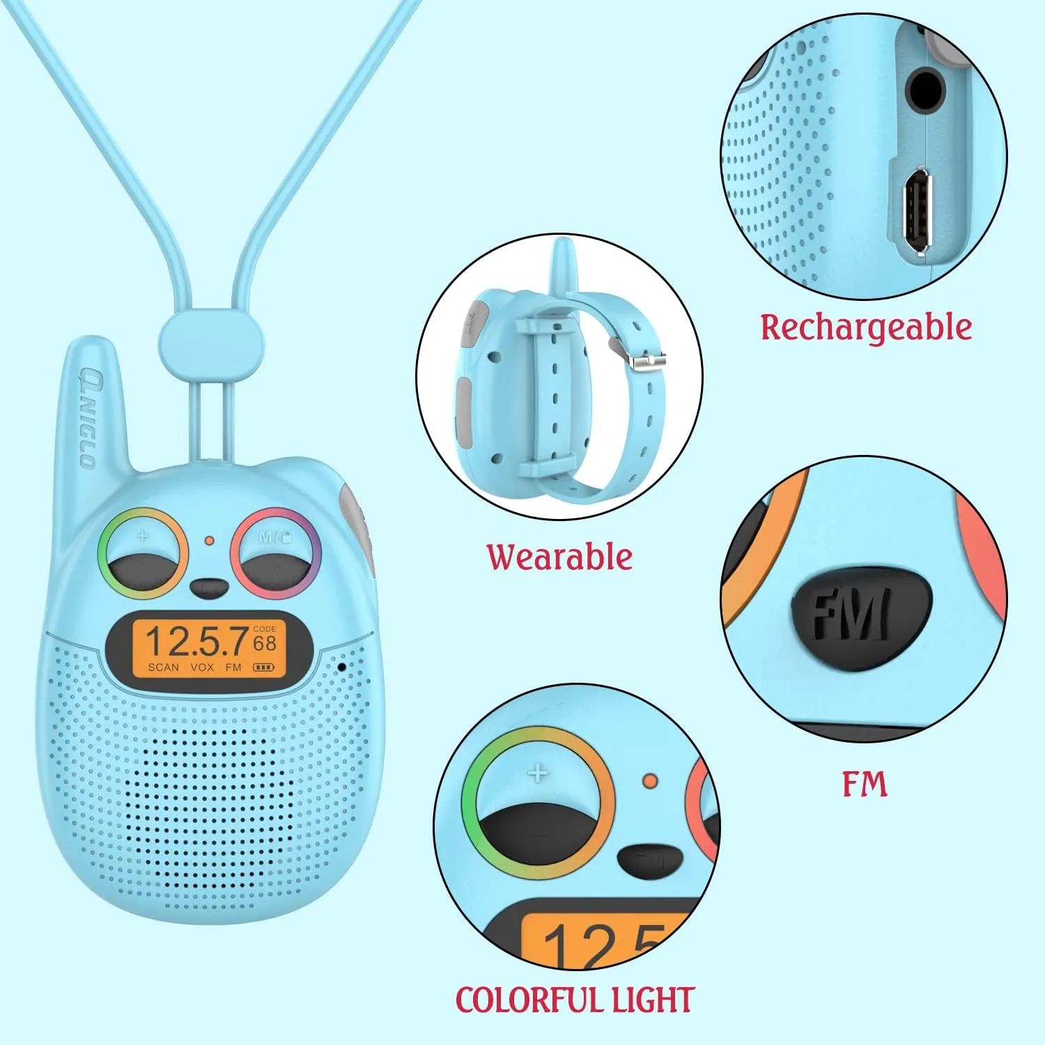 Qniglo Walkie Talkies for Kids Rechargeable 2 Pack,Christmas Birthday Gifts Toys for Age 3-12 Boys Girls, Long Range Kids Walkie-Talkie with FM Radio for Family Kids Adventure Camping Hiking Spy Games