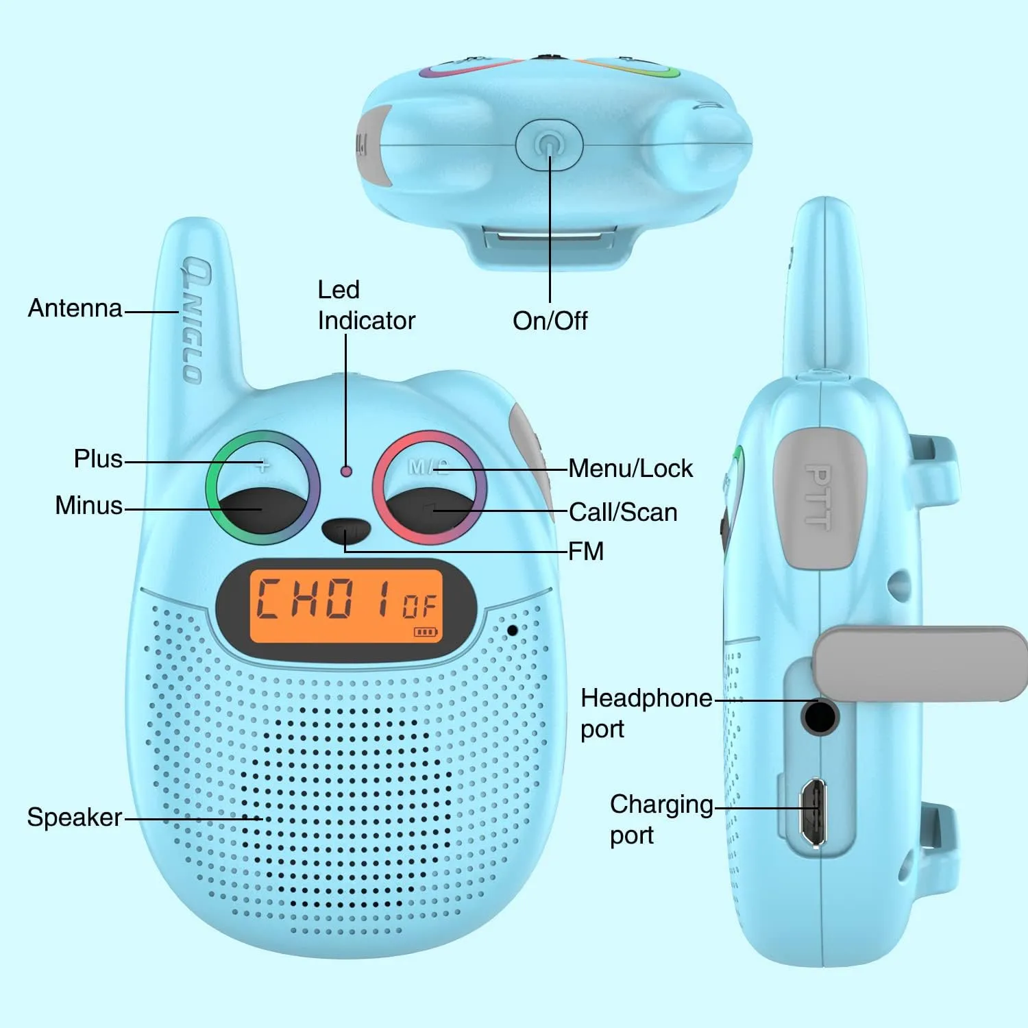 Qniglo Walkie Talkies for Kids Rechargeable 2 Pack,Christmas Birthday Gifts Toys for Age 3-12 Boys Girls, Long Range Kids Walkie-Talkie with FM Radio for Family Kids Adventure Camping Hiking Spy Games