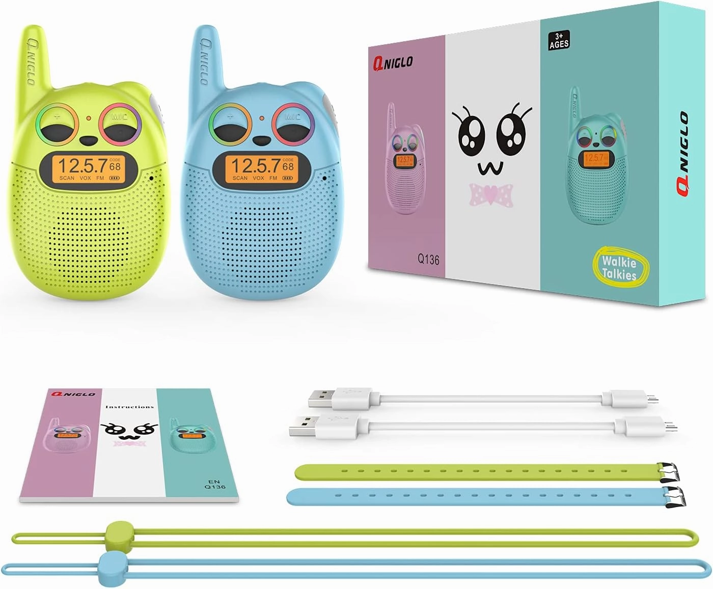 Qniglo Walkie Talkies for Kids 2 Pack, Christmas & Birthday Gifts for Age 3-12 Boys & Girls, Long Range Kids Walky Talky with FM Radios for Family Adventure Camping & Spy Games