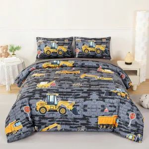 Queen Kids Comforter Sets for Boys 5 Pieces Construction Bed in A Bag Excavator Tractor Vehicle Grey Bedding Set for Boys Reversible Cartoon Cars Bed Set(Gray Cars, Queen)