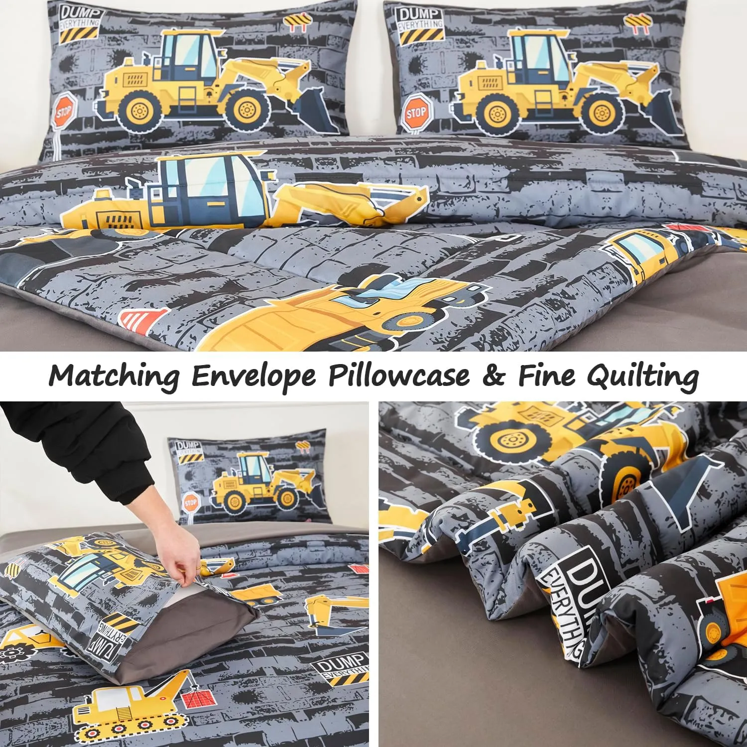 Queen Kids Comforter Sets for Boys 5 Pieces Construction Bed in A Bag Excavator Tractor Vehicle Grey Bedding Set for Boys Reversible Cartoon Cars Bed Set(Gray Cars, Queen)