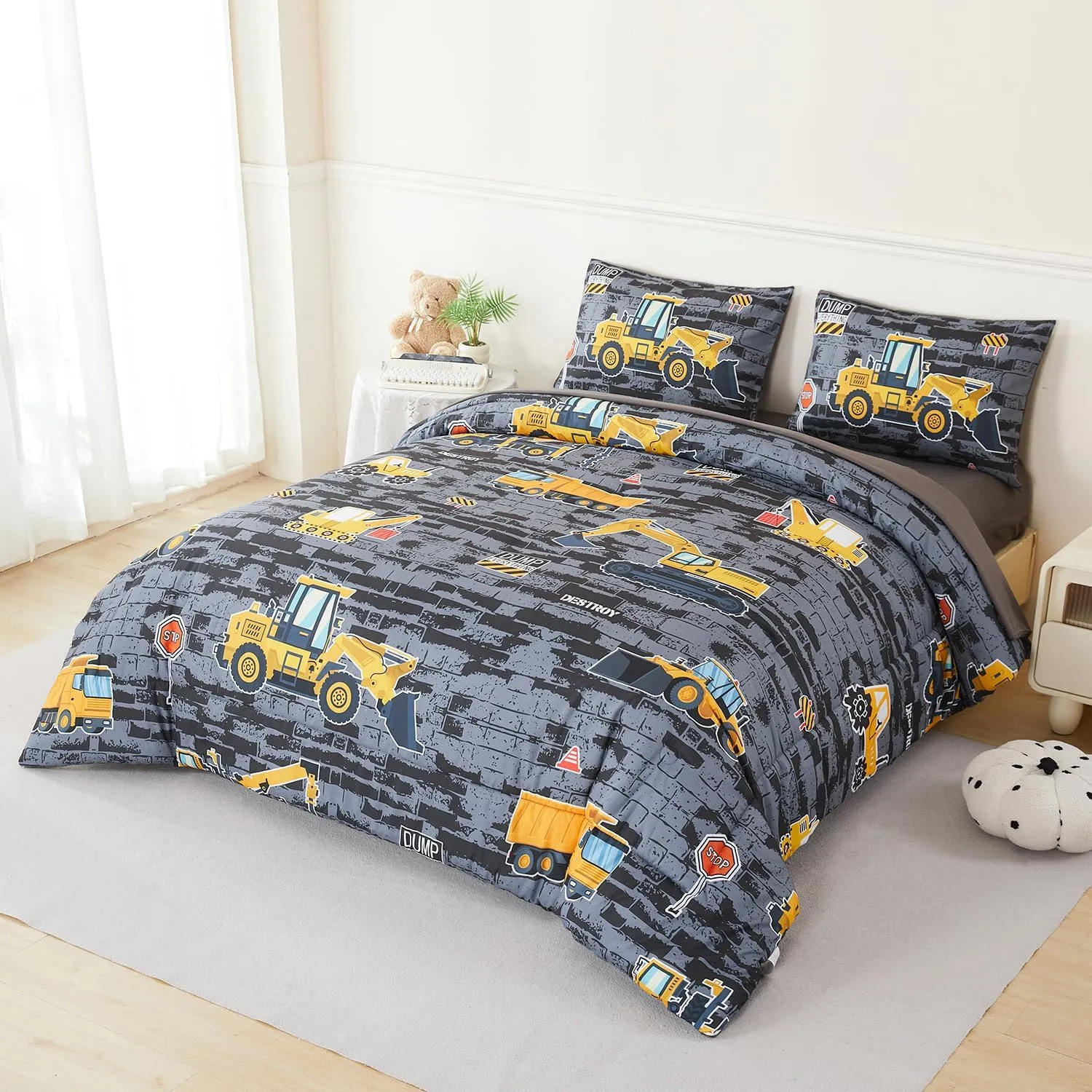 Queen Kids Comforter Sets for Boys 5 Pieces Construction Bed in A Bag Excavator Tractor Vehicle Grey Bedding Set for Boys Reversible Cartoon Cars Bed Set(Gray Cars, Queen)