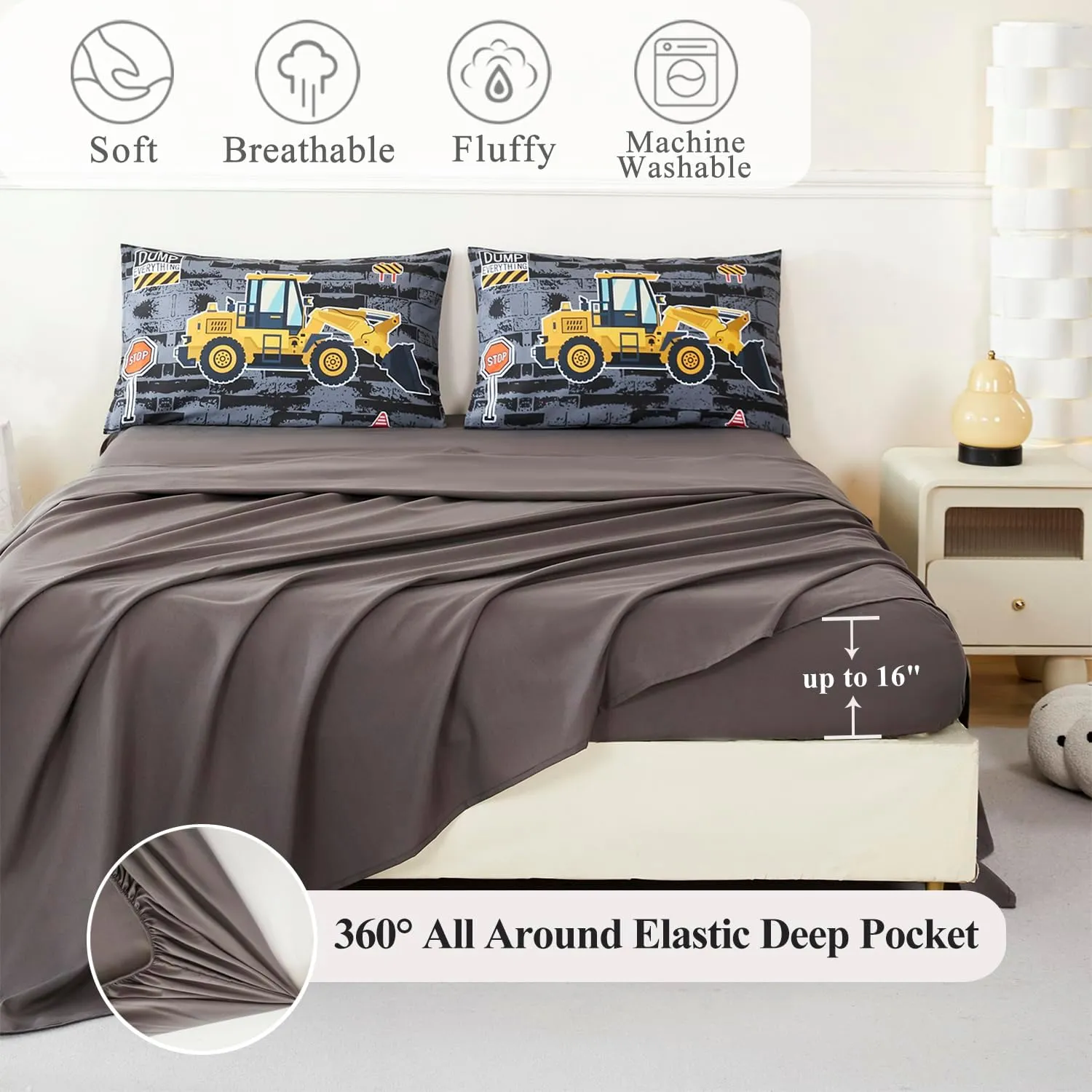 Queen Kids Comforter Sets for Boys 5 Pieces Construction Bed in A Bag Excavator Tractor Vehicle Grey Bedding Set for Boys Reversible Cartoon Cars Bed Set(Gray Cars, Queen)