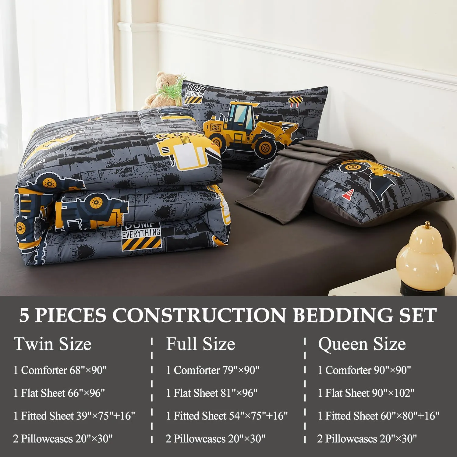 Queen Kids Comforter Sets for Boys 5 Pieces Construction Bed in A Bag Excavator Tractor Vehicle Grey Bedding Set for Boys Reversible Cartoon Cars Bed Set(Gray Cars, Queen)