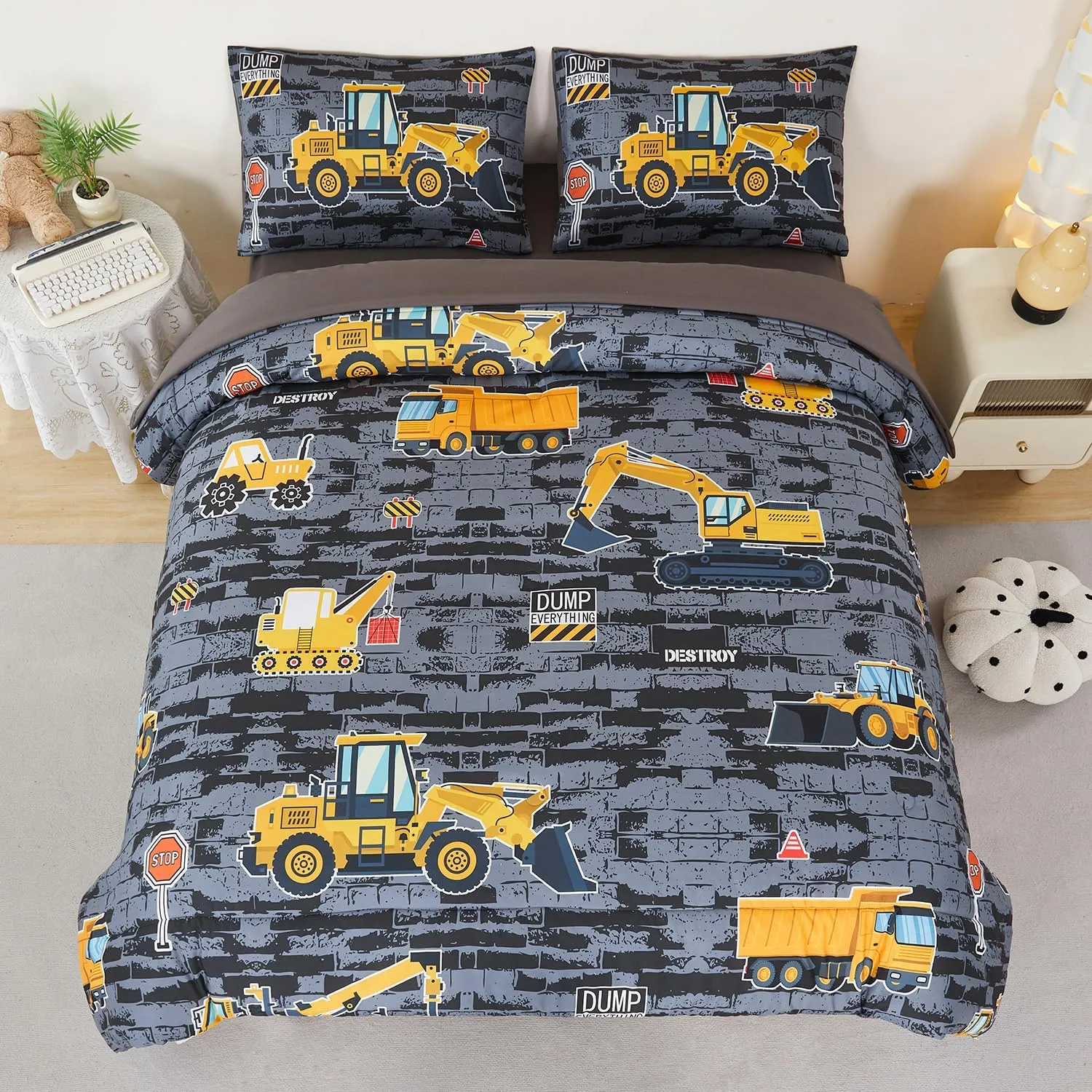 Queen Kids Comforter Sets for Boys 5 Pieces Construction Bed in A Bag Excavator Tractor Vehicle Grey Bedding Set for Boys Reversible Cartoon Cars Bed Set(Gray Cars, Queen)