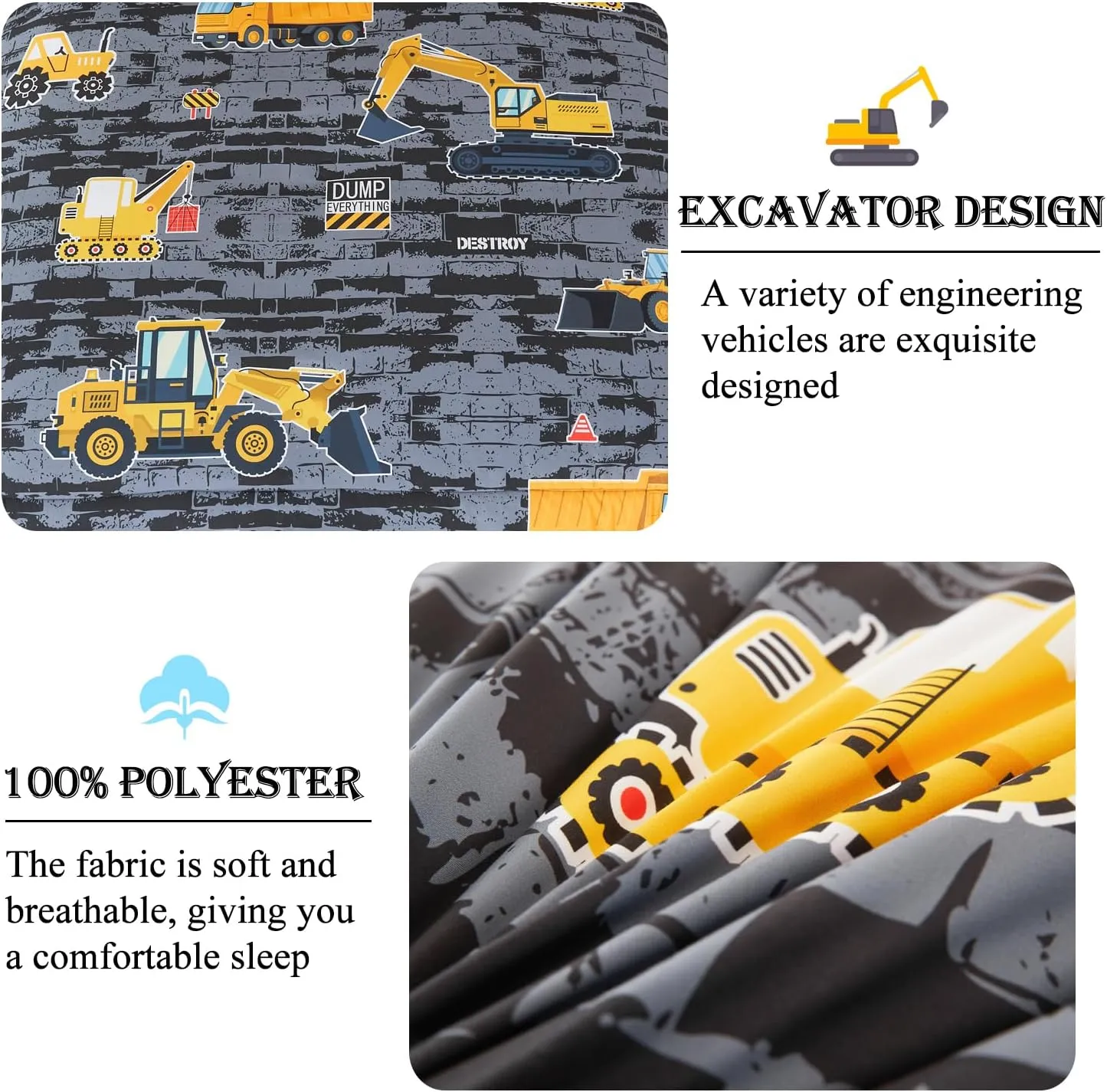 Queen Kids Comforter Sets for Boys 5 Pieces Construction Bed in A Bag Excavator Tractor Vehicle Grey Bedding Set for Boys Reversible Cartoon Cars Bed Set(Gray Cars, Queen)