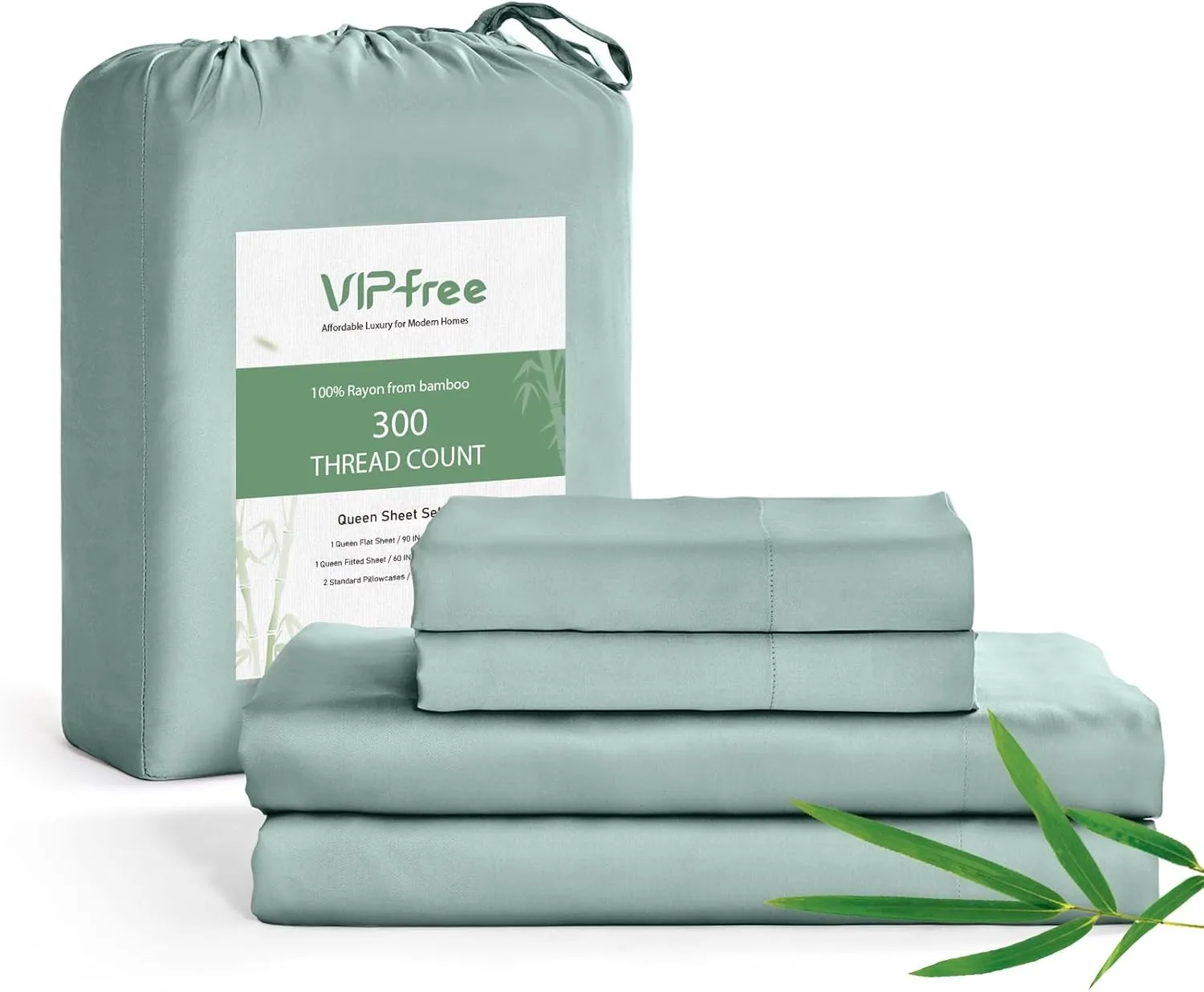 Queen Sheet Set, 100% Rayon Derived from Bamboo, 4-Piece, 16 Inch Deep Pockets, Cooling Sheets for Queen Size Bed Set, Breathable & Silky Soft, Hotel Bedding Sheets & Pillowcases, Sage Green