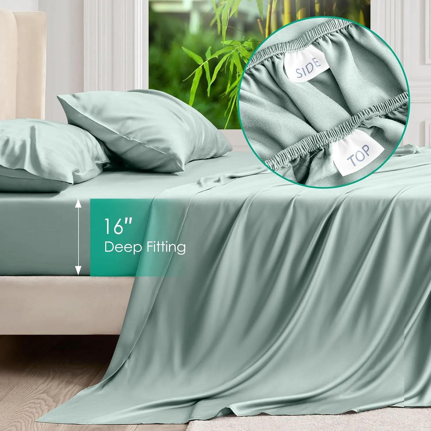 Queen Sheet Set, 100% Rayon Derived from Bamboo, 4-Piece, 16 Inch Deep Pockets, Cooling Sheets for Queen Size Bed Set, Breathable & Silky Soft, Hotel Bedding Sheets & Pillowcases, Sage Green