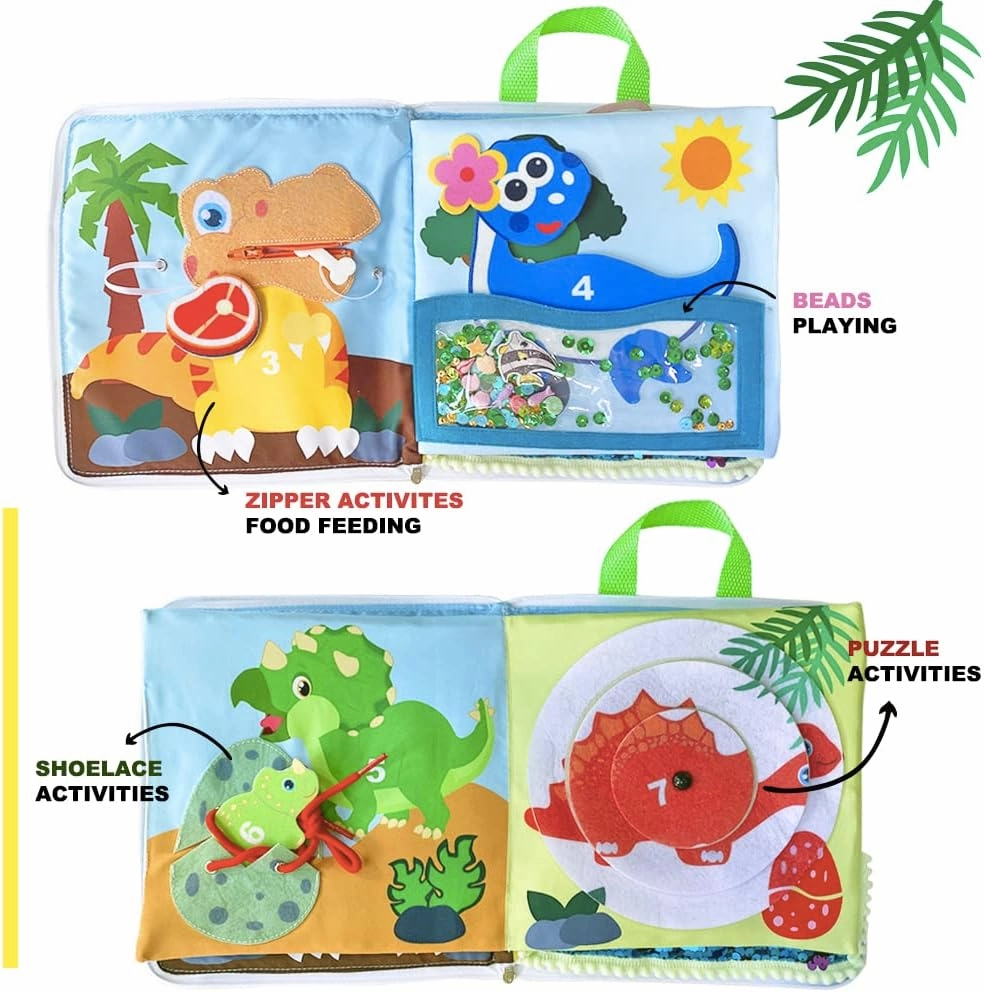 Quiet Books - 8 pages dinosaur theme childrens interactive books, Soft Baby book Touch and feel Cloth Book, Fabric books Activity for Toddlers, Learning to Sensory Book ,Busy Book((Dino World Book))