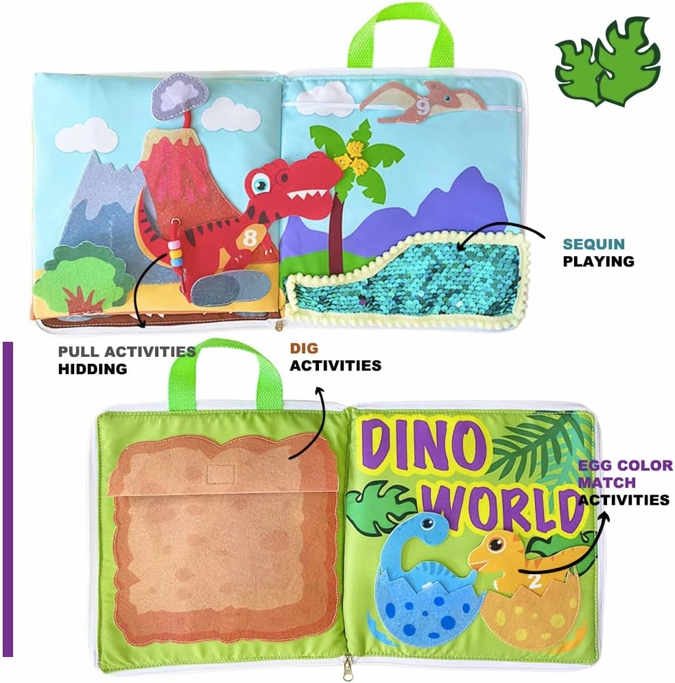 Quiet Books - 8 pages dinosaur theme childrens interactive books, Soft Baby book Touch and feel Cloth Book, Fabric books Activity for Toddlers, Learning to Sensory Book ,Busy Book((Dino World Book))