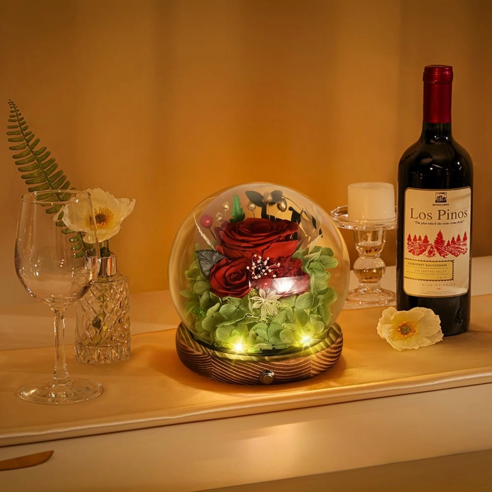 Quimoy Preserved Flowers Gift for Women, Flores Eternas Roses in Glass Dome with LED Lights for Home Decor, Real Flower Gifts for Mothers Day, Birthday, Valentines, Christmas, Wedding(Chargeable)