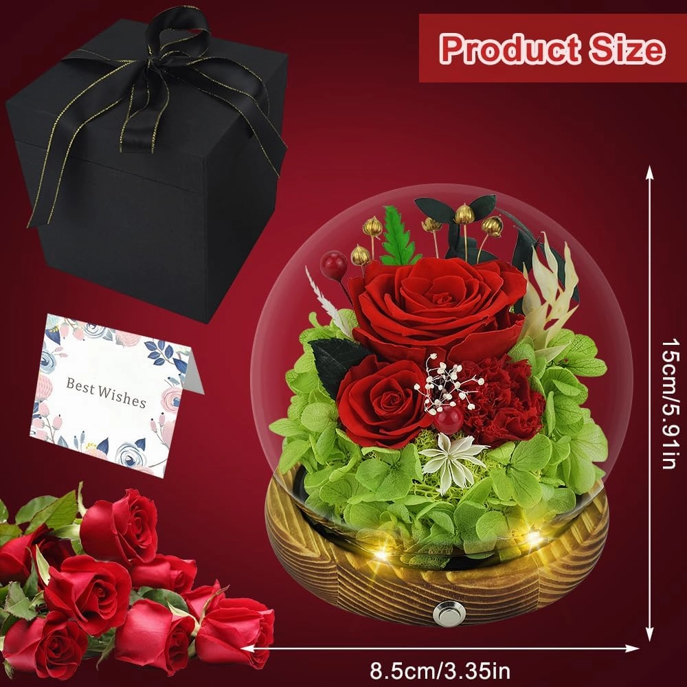 Quimoy Preserved Flowers Gift for Women, Flores Eternas Roses in Glass Dome with LED Lights for Home Decor, Real Flower Gifts for Mothers Day, Birthday, Valentines, Christmas, Wedding(Chargeable)