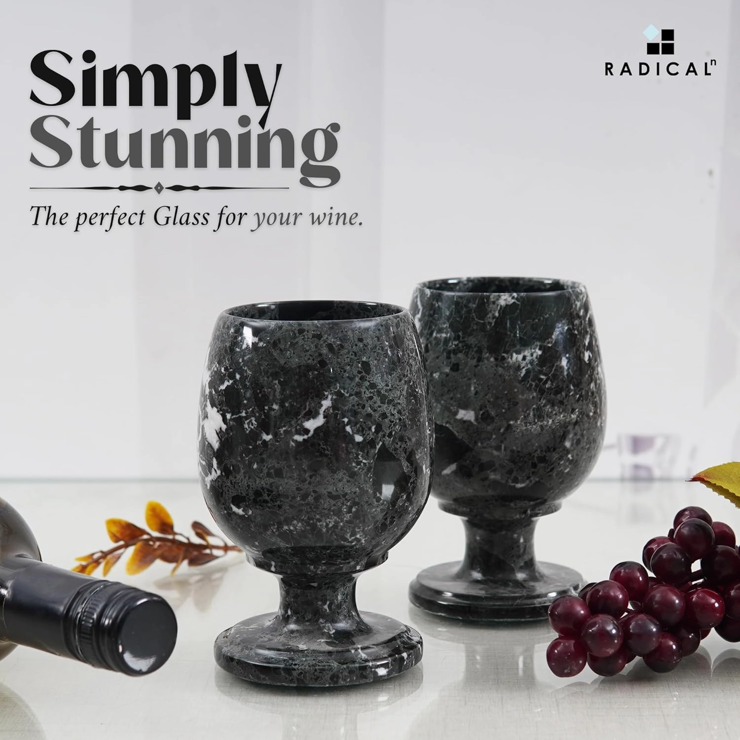 Radicaln Marble Wine Glasses Set of 2 Black 5" Inches Handmade Drinking Glasses for Red & White Wine, Luxury Stone Glasses for Parties, Bar & Home Décor