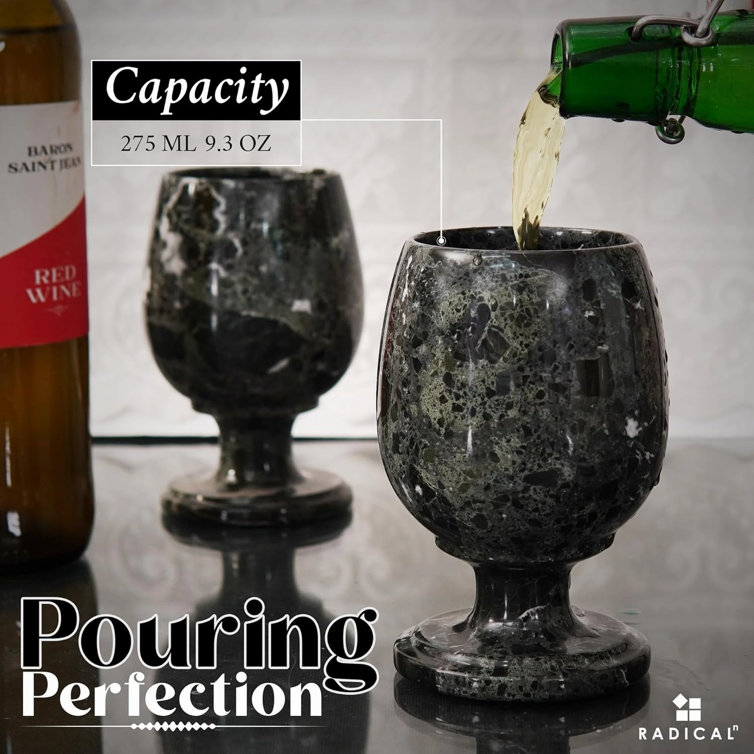Radicaln Marble Wine Glasses Set of 2 Black 5" Inches Handmade Drinking Glasses for Red & White Wine, Luxury Stone Glasses for Parties, Bar & Home Décor
