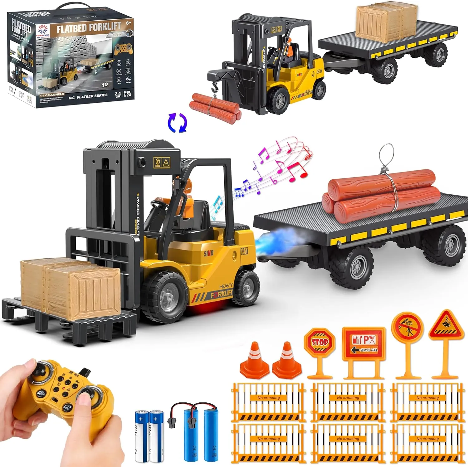 RC Forklift Toy with Trailer, Kids Forklift Construction Toys Set with Flatbed Truck & Crane Toy Hook, 2 Battery/Spray/Light, Remote Control forklift Toys for 6 7 8 9 10-12 Year Old Boys Gift