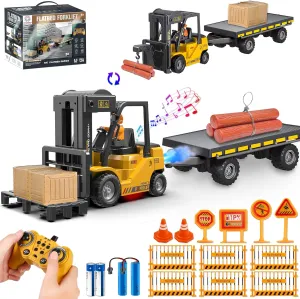 RC Forklift Toy with Trailer, Kids Forklift Construction Toys Set with Flatbed Truck & Crane Toy Hook, 2 Battery/Spray/Light, Remote Control forklift Toys for 6 7 8 9 10-12 Year Old Boys Gift