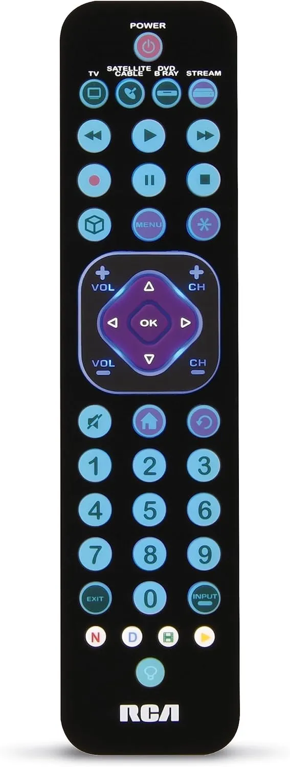 RCA Universal Rechargeable 4-Device Streaming Remote Control – for TV, Audio, Soundbar, Streaming Devices, Ultra-Slim, Rechargeable, Quick Access Keys