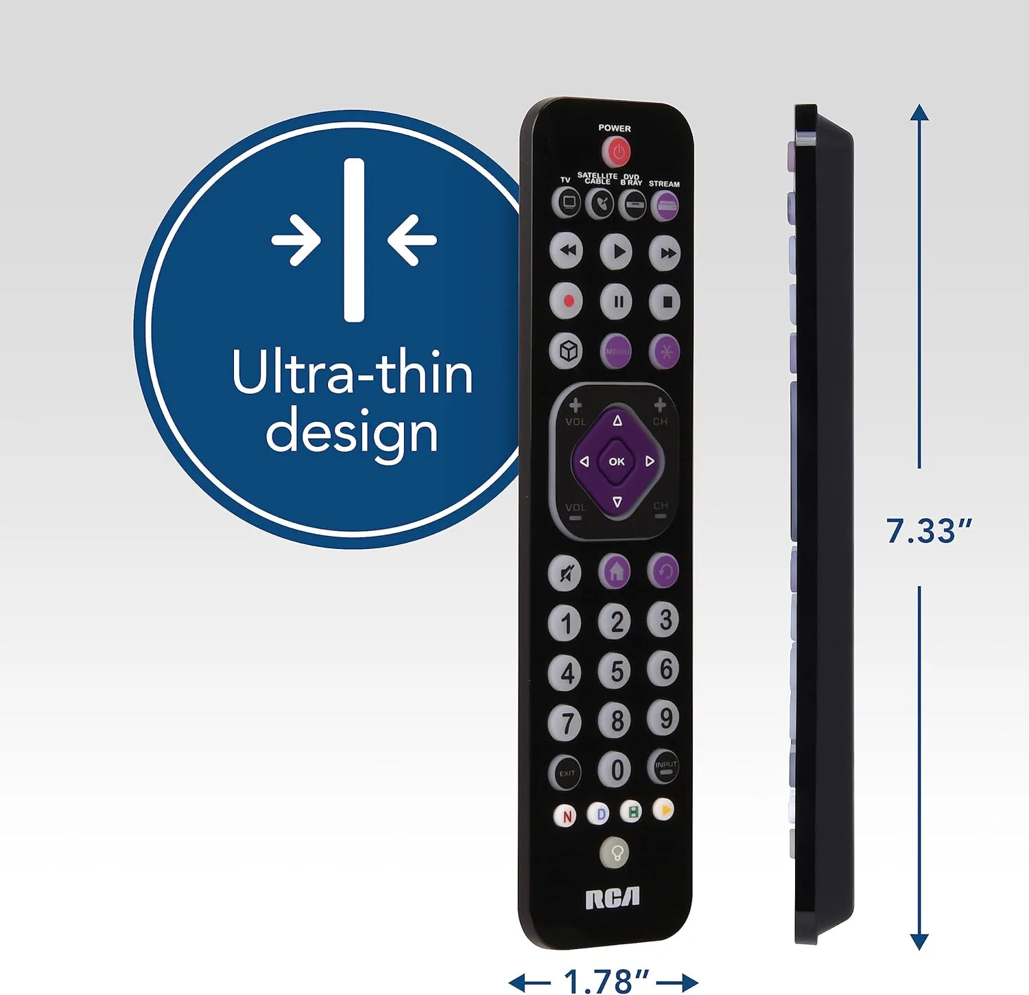 RCA Universal Rechargeable 4-Device Streaming Remote Control – for TV, Audio, Soundbar, Streaming Devices, Ultra-Slim, Rechargeable, Quick Access Keys
