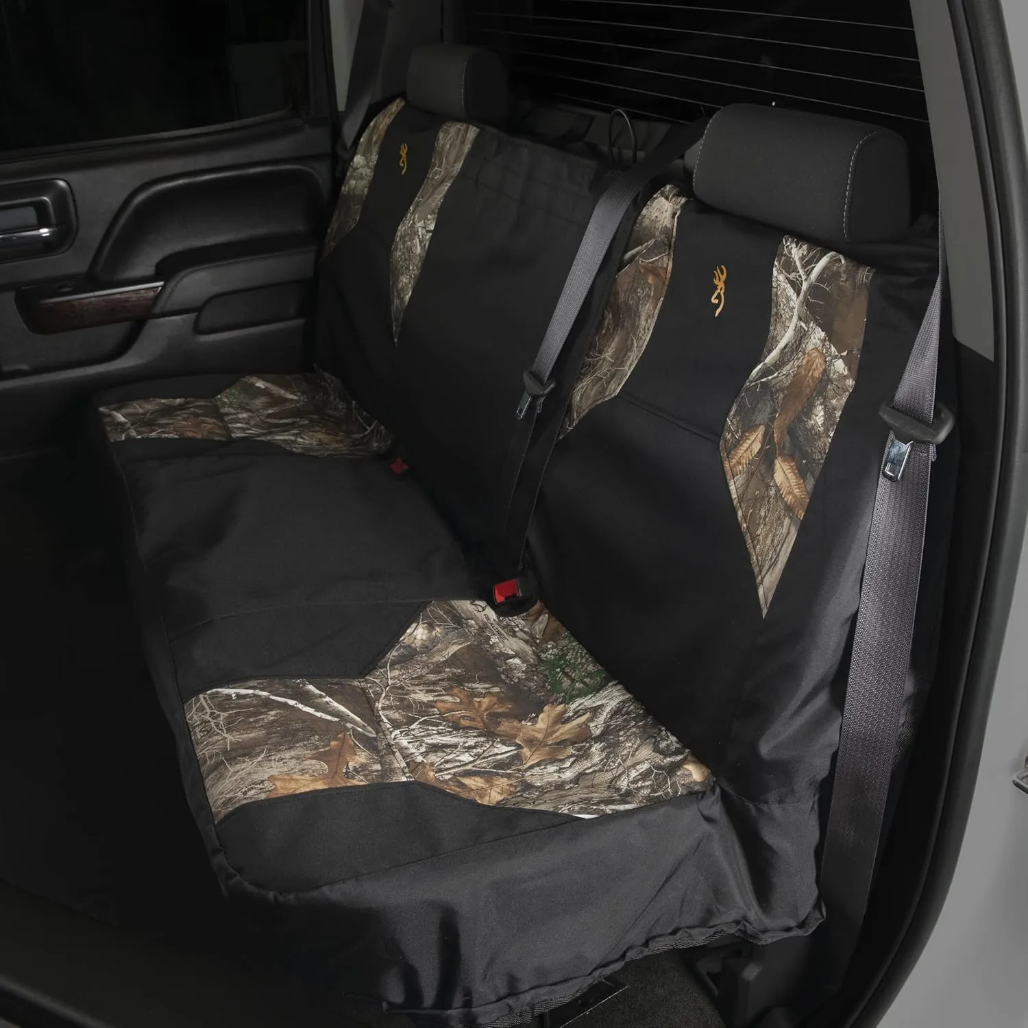 Realtree Edge Camo Seat Cover Full Set | Low Back & Bench Seat Covers | 2-Grip Steering Wheel Cover | Universal Seat Covers for Cars, SUV and Truck (Browning Logo - 4pc)