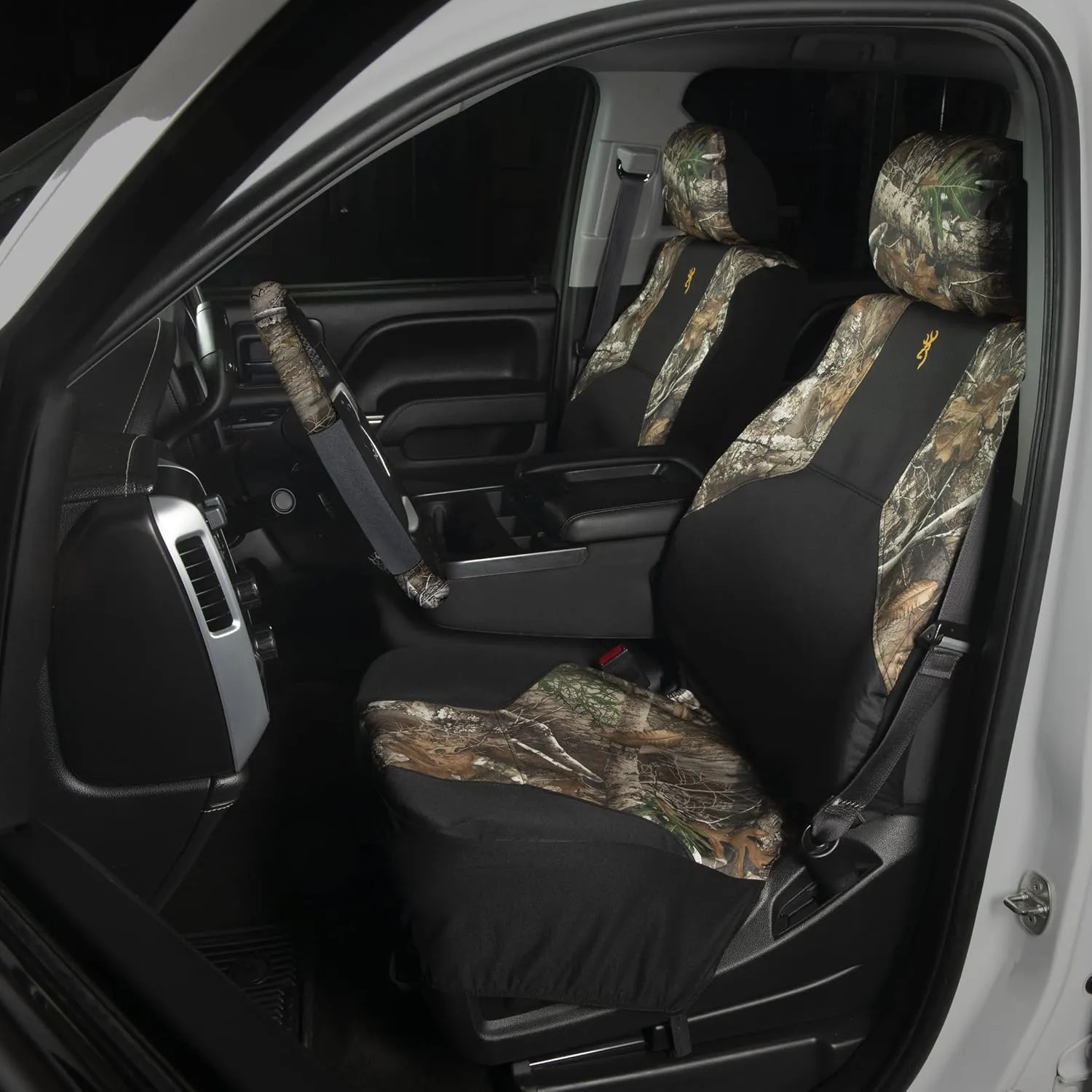 Realtree Edge Camo Seat Cover Full Set | Low Back & Bench Seat Covers | 2-Grip Steering Wheel Cover | Universal Seat Covers for Cars, SUV and Truck (Browning Logo - 4pc)