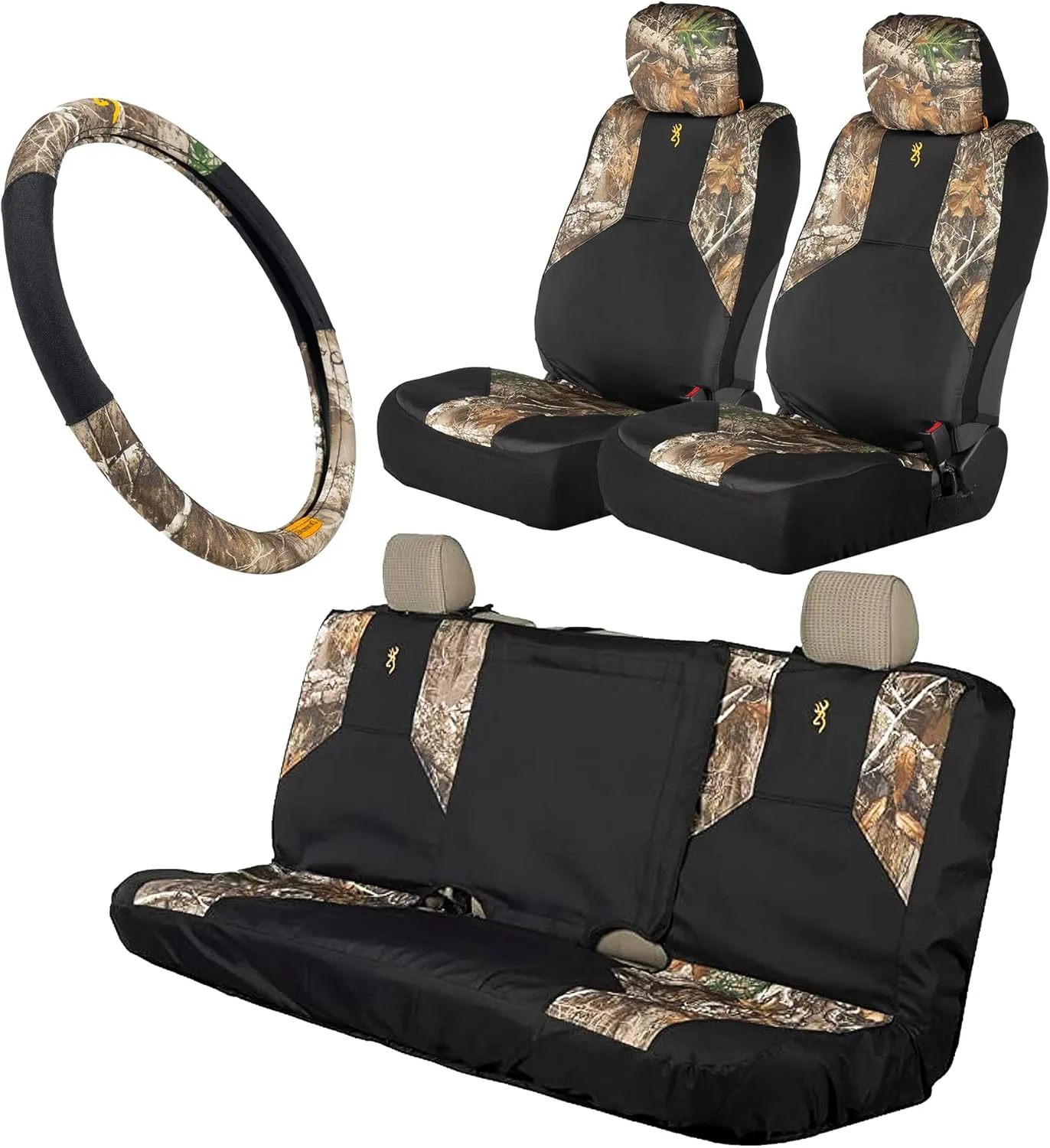 Realtree Edge Camo Seat Cover Full Set | Low Back & Bench Seat Covers | 2-Grip Steering Wheel Cover | Universal Seat Covers for Cars, SUV and Truck (Browning Logo - 4pc)