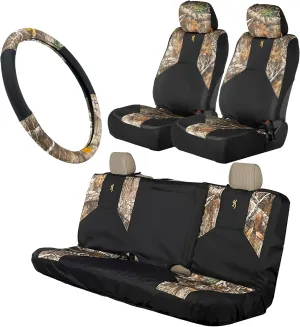 Realtree Edge Camo Seat Cover Full Set | Low Back & Bench Seat Covers | 2-Grip Steering Wheel Cover | Universal Seat Covers for Cars, SUV and Truck (Browning Logo - 4pc)