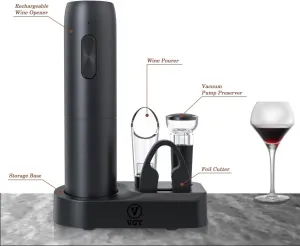 Rechargeable Electric Wine Opener, 5 in 1 set with Automatic Electric Wine Bottle Corkscrew Opener, Foil Cutter, Vacuum Stopper, Wine Pourer and Storage Charging Stand