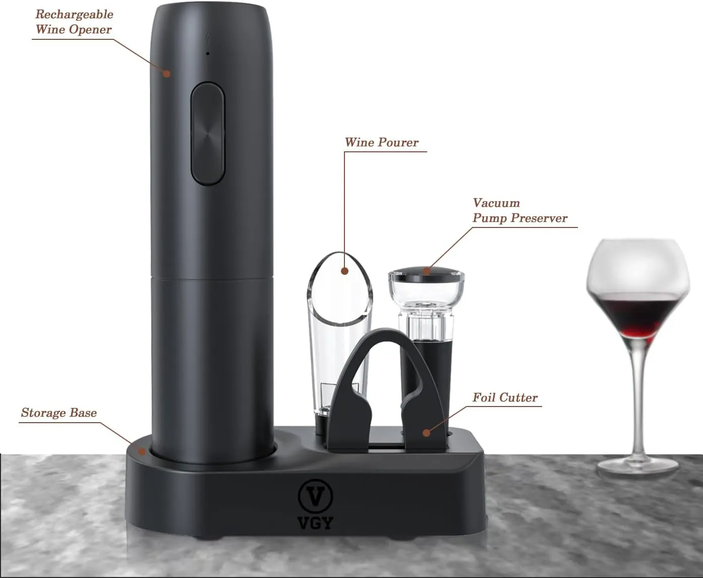 Rechargeable Electric Wine Opener, 5 in 1 set with Automatic Electric Wine Bottle Corkscrew Opener, Foil Cutter, Vacuum Stopper, Wine Pourer and Storage Charging Stand