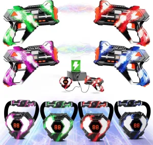 Rechargeable Laser Tag Guns Set of 4 with 360°Sensors & LED Display Real-Time Hit Feedback, Front Vest & Back Target Full-Body Game for Kids Ages 8-12, Teens and Adults - Indoor/Outdoor Party Toys