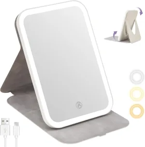 Rechargeable Travel Makeup Mirror, Portable Lighted Vanity Mirror with 3 Color Lights, Makeup Mirror with Dimmable Lights, LED Folding Cosmetic Desk Mirror for Makeup, Beige