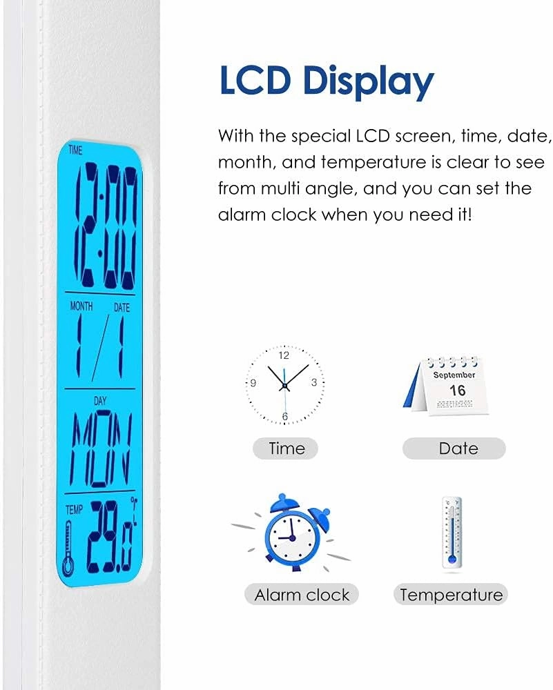 Rechargeable LED Desk Lamp with Clock, Desk Lamp for Home Office, Study Lamp for Reading, Eye-Caring, Battery Operated, 3 Lighting Modes, 5 Brightness Levels, White