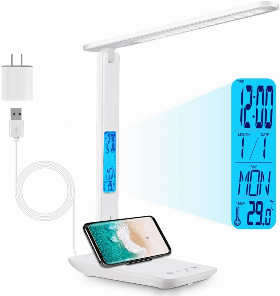 Rechargeable LED Desk Lamp with Clock, Desk Lamp for Home Office, Study Lamp for Reading, Eye-Caring, Battery Operated, 3 Lighting Modes, 5 Brightness Levels, White
