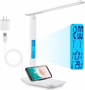 Rechargeable LED Desk Lamp with Clock, Desk Lamp for Home Office, Study Lamp for Reading, Eye-Caring, Battery Operated, 3 Lighting Modes, 5 Brightness Levels, White