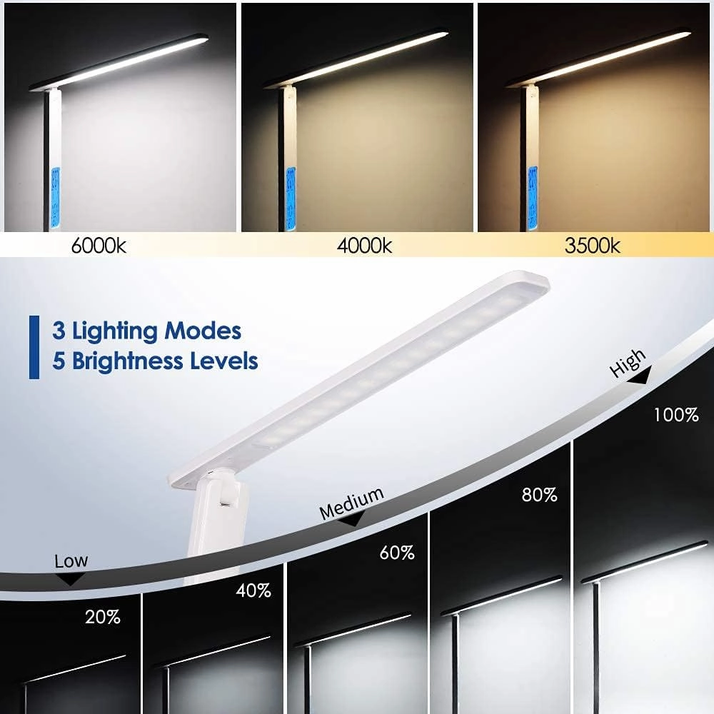 Rechargeable LED Desk Lamp with Clock, Desk Lamp for Home Office, Study Lamp for Reading, Eye-Caring, Battery Operated, 3 Lighting Modes, 5 Brightness Levels, White