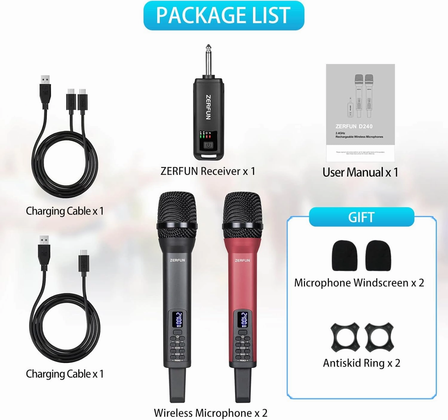 Rechargeable Wireless Microphones Dual, Pro Handheld Cordless Mics System Dynamic with Echo Treble BASS VOL Control for Karaoke Singing Church Party, 1/4'' Output, D240, Grey&Red