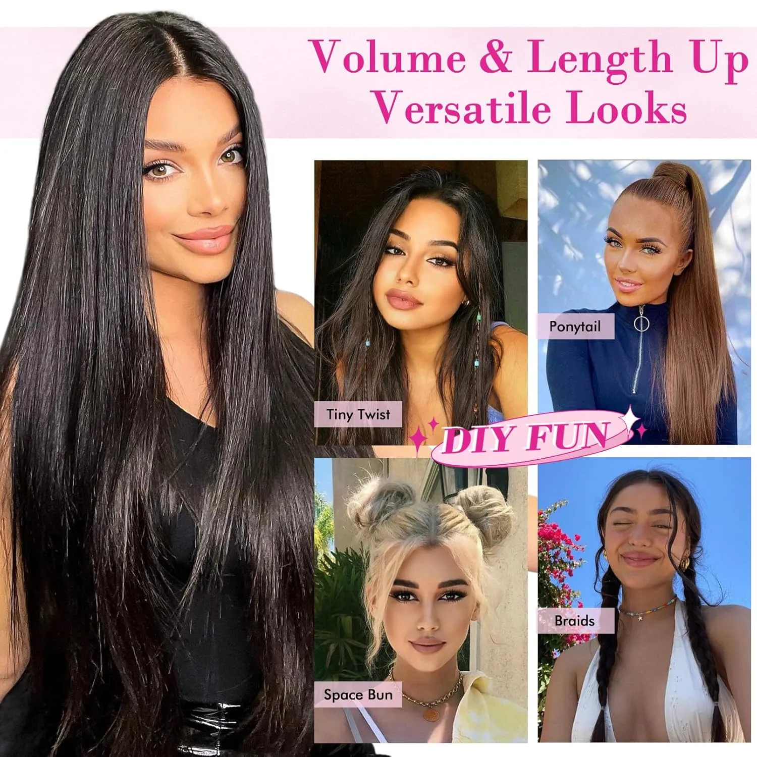 REECHO 28" Straight Super Long 4 PCS Set Thick Clip in on Hair Extensions Natural Black