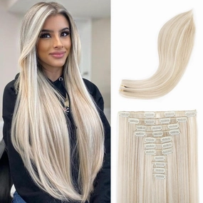 REECHO Hair Extensions, 11PCS Clip in Hair Extensions 24" Long Straight hair extensions HE005 Natural Soft Synthetic Hairpieces for Women – Ash Blonde with Highlights
