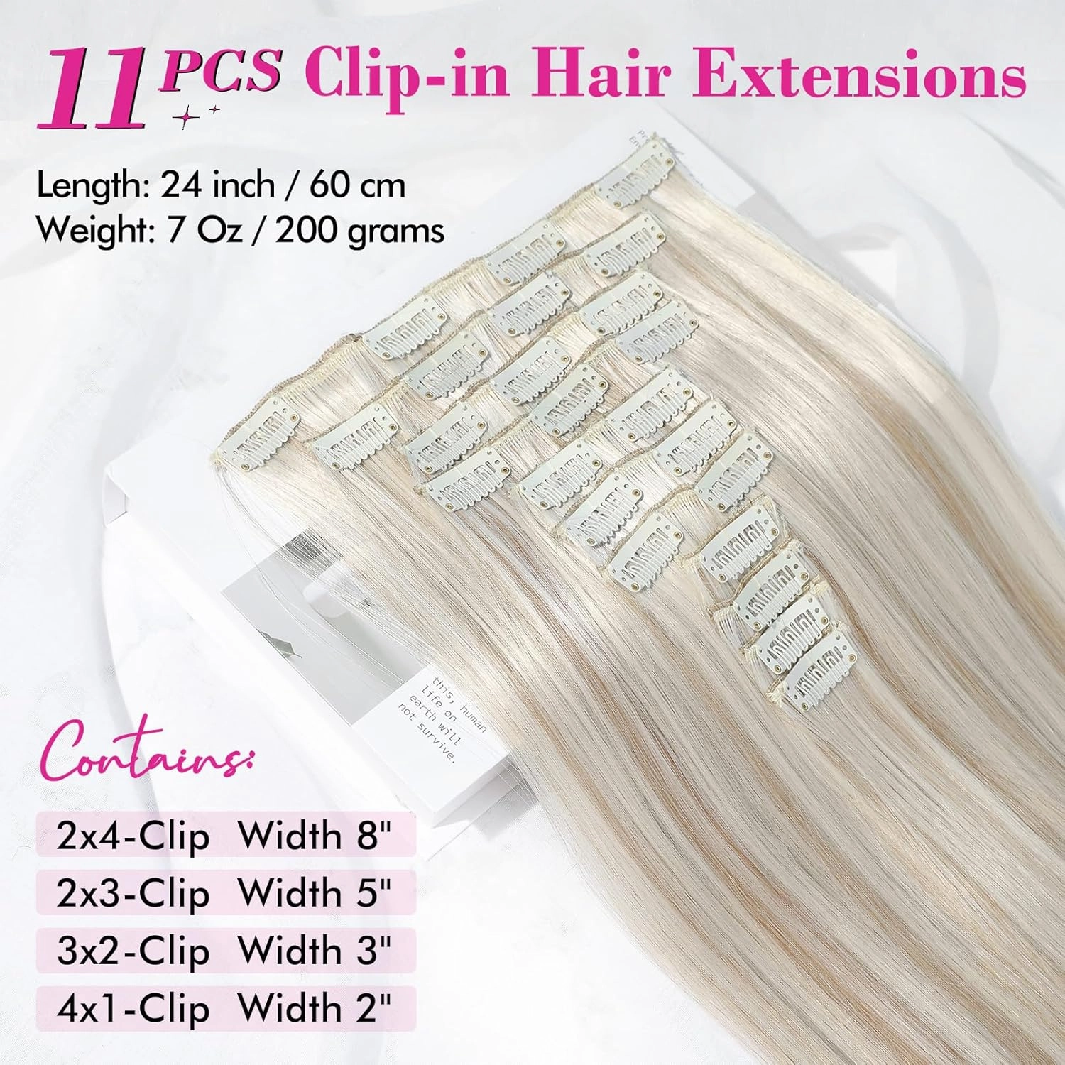 REECHO Hair Extensions, 11PCS Clip in Hair Extensions 24" Long Straight hair extensions HE005 Natural Soft Synthetic Hairpieces for Women – Ash Blonde with Highlights