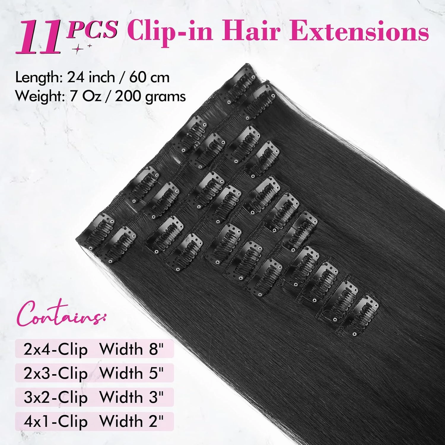REECHO Hair Extensions, 11PCS Clip in Hair Extensions 24" Long Straight hair extensions HE005 Natural Soft Synthetic Hairpieces for Women – Black