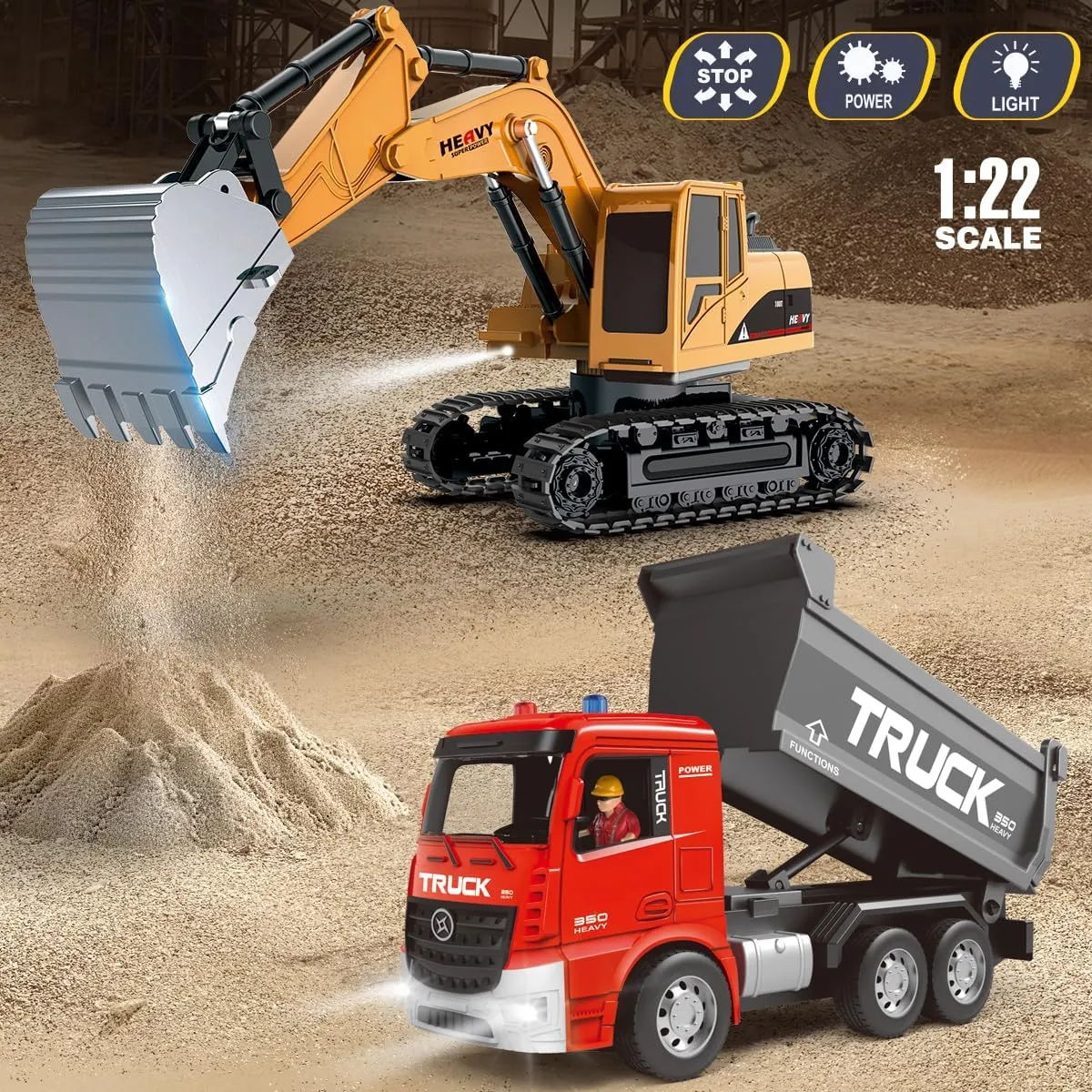 Remote Control Excavator and Dump Truck Toy Set - RC Excavator and Dump Truck with Lights and Sounds - Rechargable Digger Car, Construction Vehicles Toy Set Gifts for Boys Kids