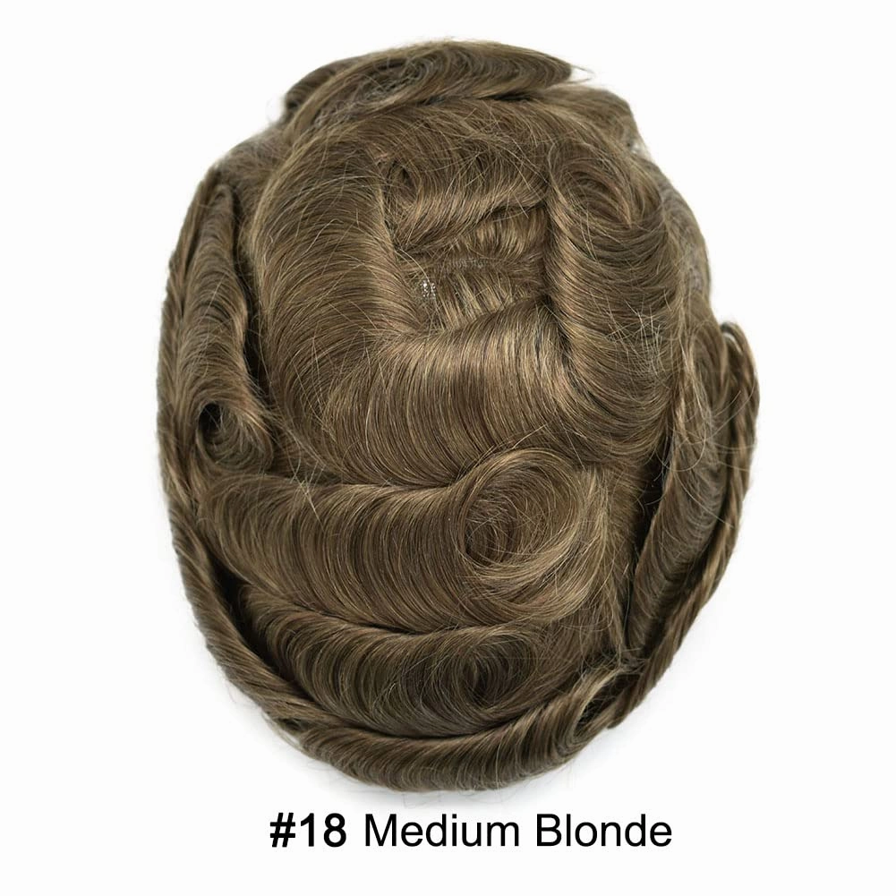RESHE Mens Hair System French Lace Front Hair Pieces For Men Toupee For Men Real Human Hair Replacement System Slight Wavy Hand Tied Men's Hairpiece 7"X9"-100% Light medium density #18