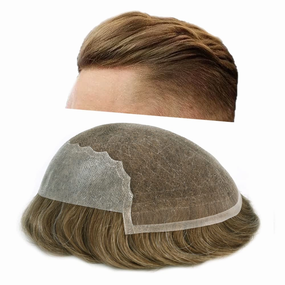 RESHE Mens Hair System French Lace Front Hair Pieces For Men Toupee For Men Real Human Hair Replacement System Slight Wavy Hand Tied Men's Hairpiece 7"X9"-100% Light medium density #18