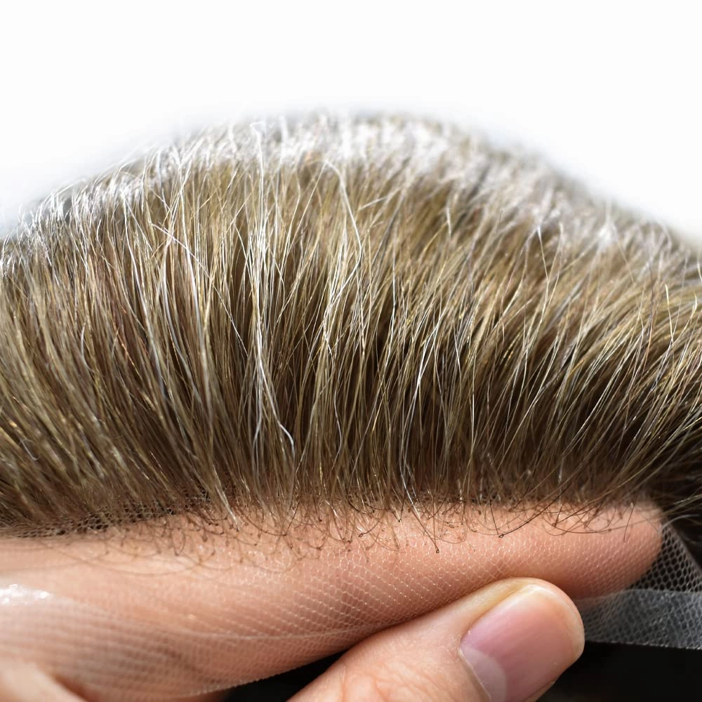 RESHE Mens Hair System French Lace Front Hair Pieces For Men Toupee For Men Real Human Hair Replacement System Slight Wavy Hand Tied Men's Hairpiece 7"X9"-100% Light medium density #18