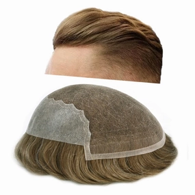 RESHE Mens Hair System French Lace Front Hair Pieces For Men Toupee For Men Real Human Hair Replacement System Slight Wavy Hand Tied Men's Hairpiece 7"X9"-100% Light medium density #18