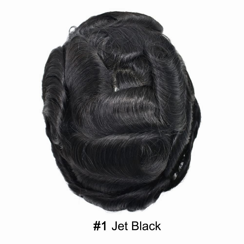 RESHE Mens Hair System Ultra Thin Skin Toupee For Men Transparent Super Thin Poly V-Looped Hair Piece For Men Toupee Protesis Capilar Para Hombre8x10#1 JET BLACK 90% Light density