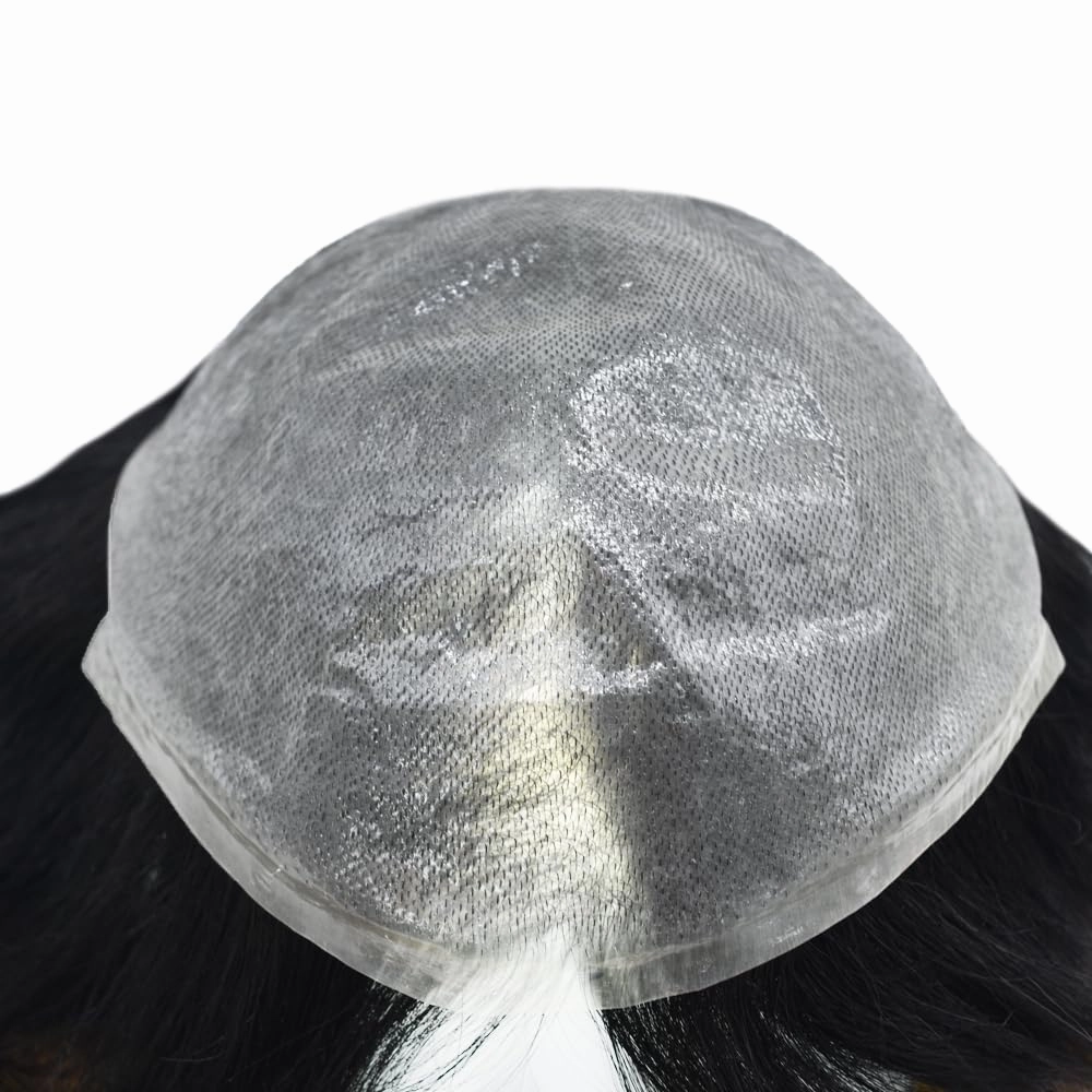 RESHE Mens Hair System Ultra Thin Skin Toupee For Men Transparent Super Thin Poly V-Looped Hair Piece For Men Toupee Protesis Capilar Para Hombre8x10#1 JET BLACK 90% Light density